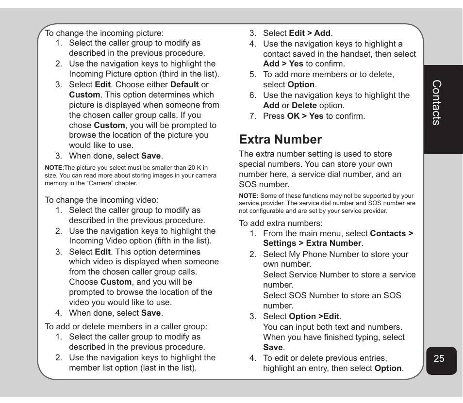 Extra number, Contacts | Asus Z801 User Manual | Page 29 / 84