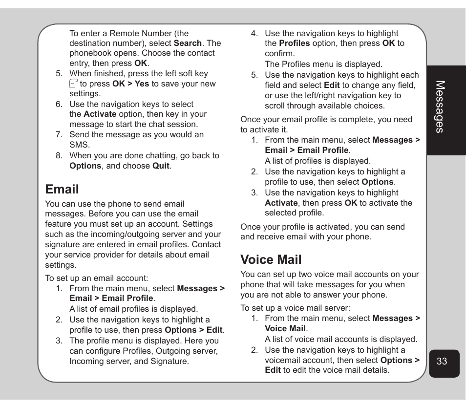 Email, Voice mail, Messages | Asus Z801 User Manual | Page 37 / 84