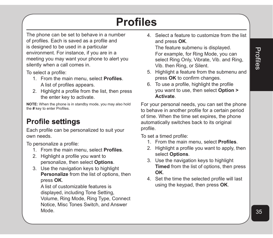 Profiles, Profile settings, Profile settings settings | Asus Z801 User Manual | Page 39 / 84