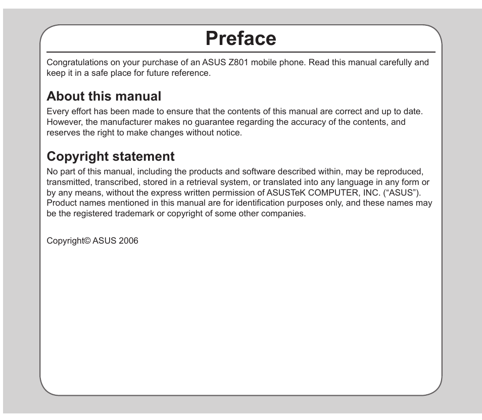 Preface, About this manual, Copyright statement | Asus Z801 User Manual | Page 4 / 84