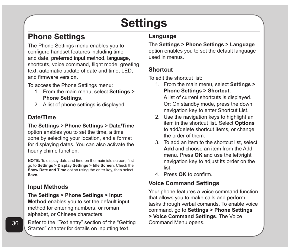 Settings, Phone settings | Asus Z801 User Manual | Page 40 / 84