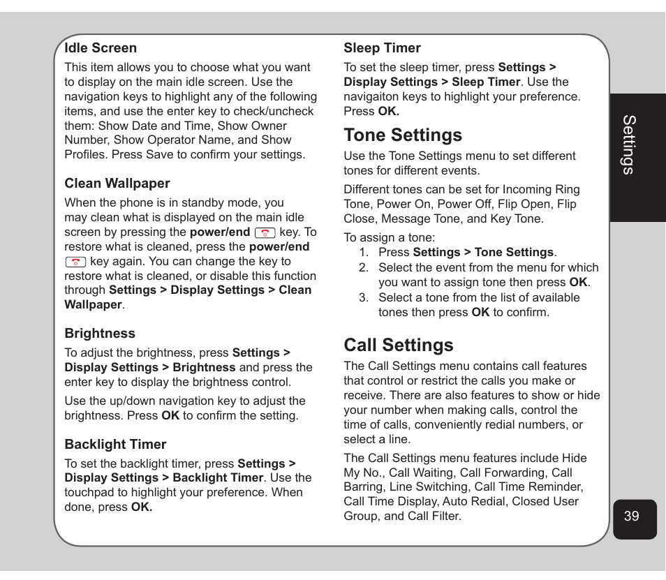 Call settings, Tone settings, Settings | Asus Z801 User Manual | Page 43 / 84