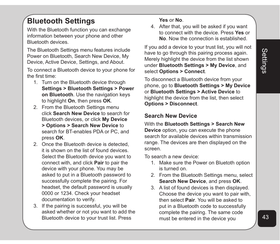 Bluetooth settings, Settings | Asus Z801 User Manual | Page 47 / 84