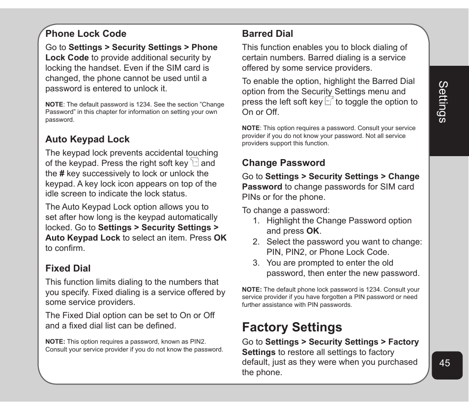 Factory settings, Settings | Asus Z801 User Manual | Page 49 / 84
