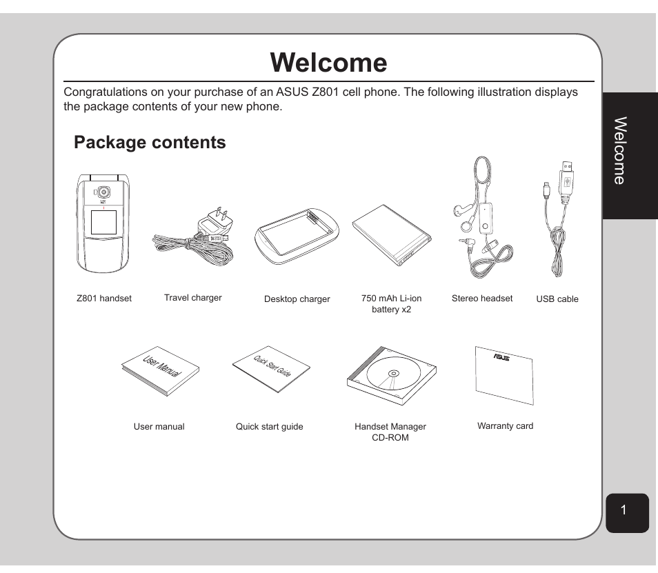 Welcome, Package contents | Asus Z801 User Manual | Page 5 / 84