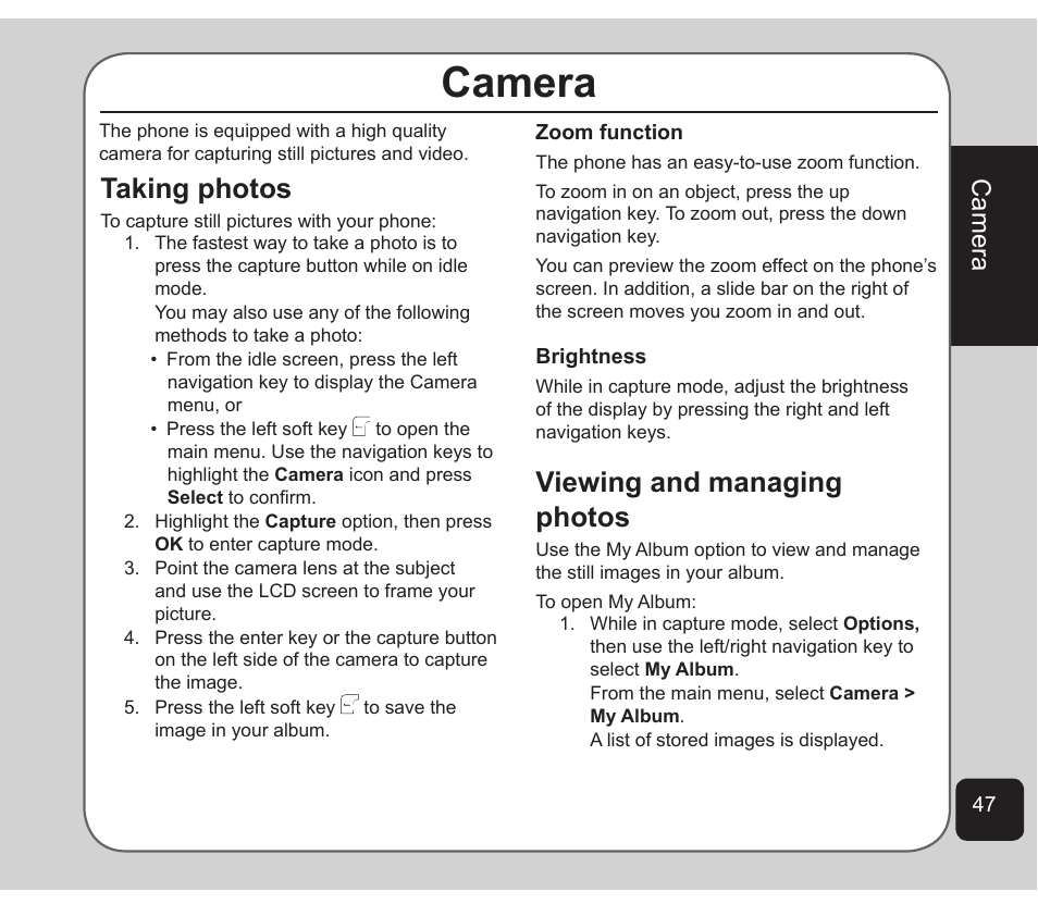 Camera, Taking photos, Viewing and managing photos | Asus Z801 User Manual | Page 51 / 84