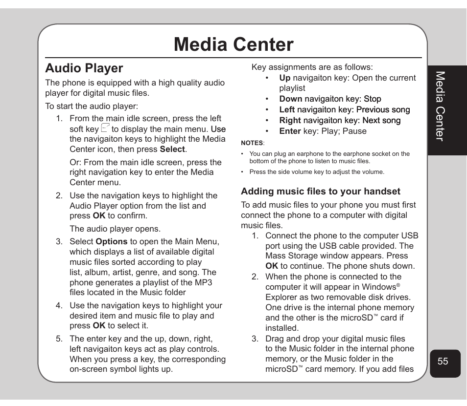 Media center, Audio player | Asus Z801 User Manual | Page 59 / 84