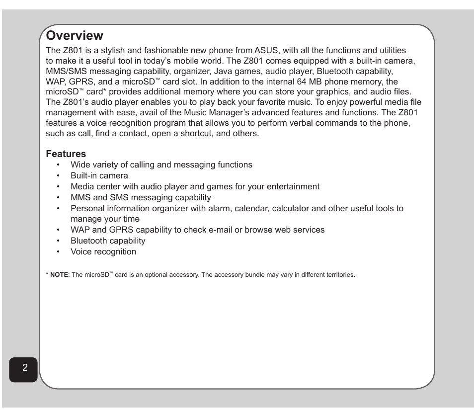 Overview | Asus Z801 User Manual | Page 6 / 84