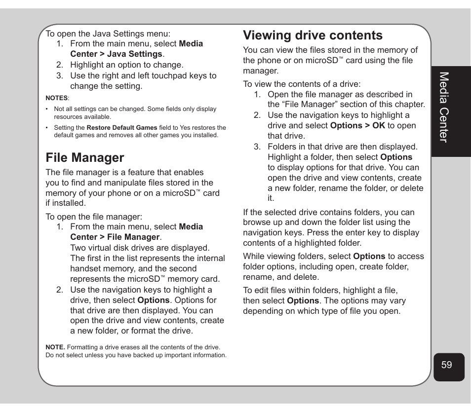 Viewing drive contents, File manager, Media center | Asus Z801 User Manual | Page 63 / 84