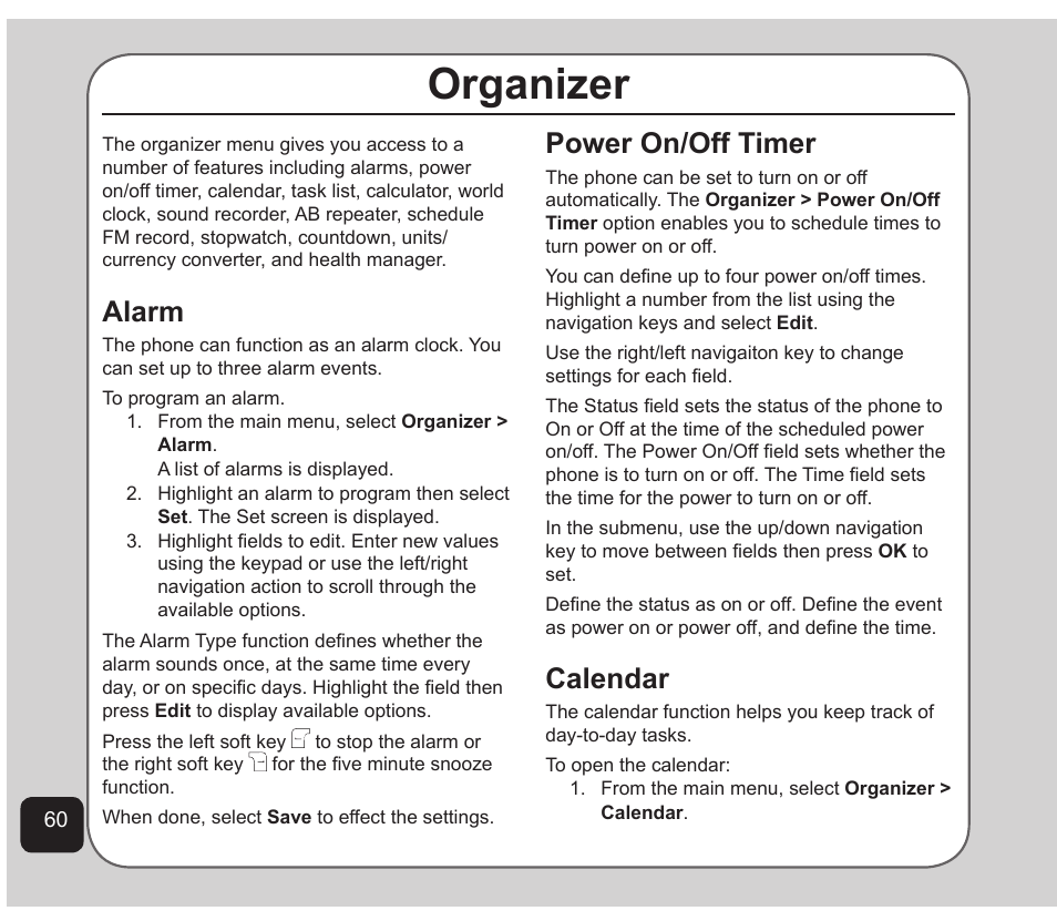 Organizer, Alarm, Power on/off timer | Calendar | Asus Z801 User Manual | Page 64 / 84