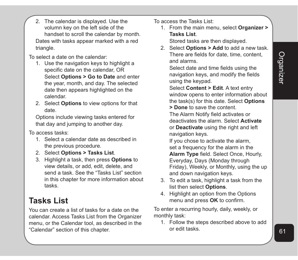 Tasks list, Organizer | Asus Z801 User Manual | Page 65 / 84