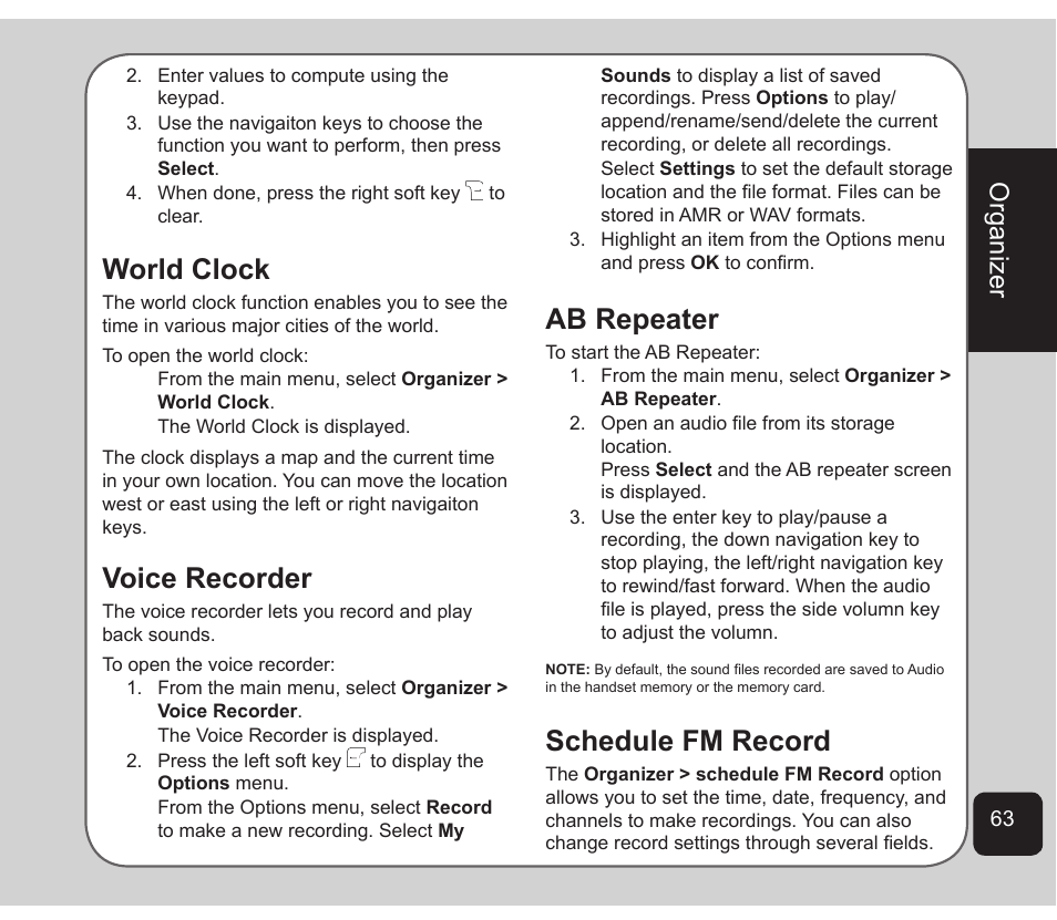 World clock, Voice recorder, Ab repeater | Schedule fm record, Organizer | Asus Z801 User Manual | Page 67 / 84