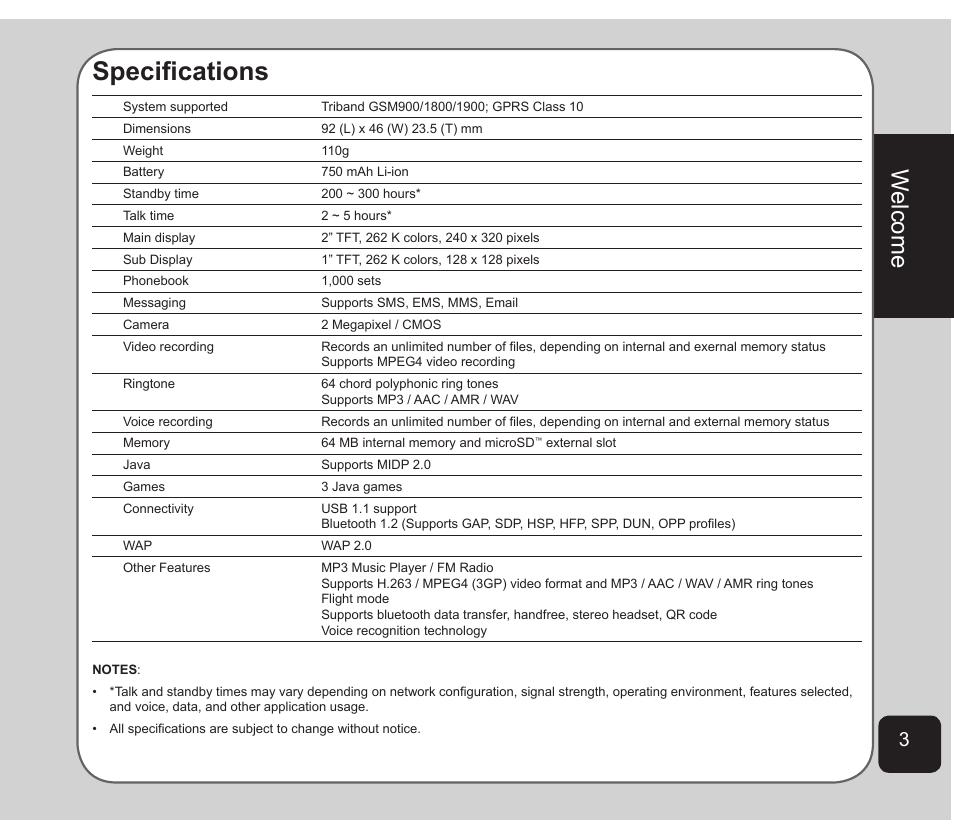 Specifications, Welcome | Asus Z801 User Manual | Page 7 / 84