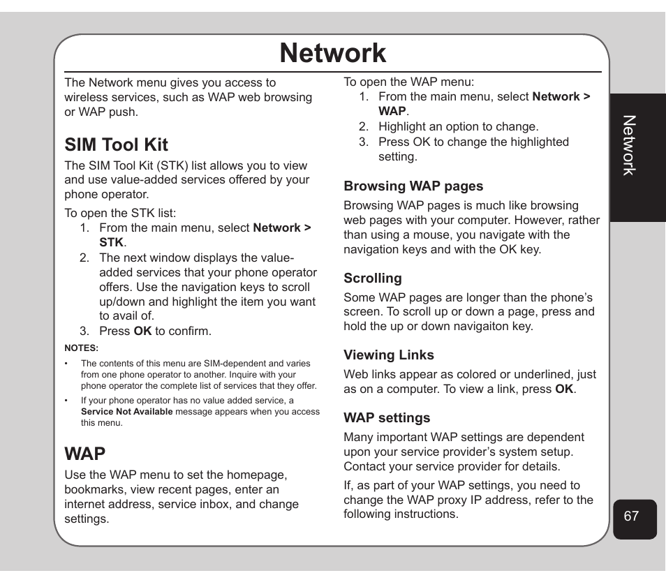 Network, Sim tool kit | Asus Z801 User Manual | Page 71 / 84