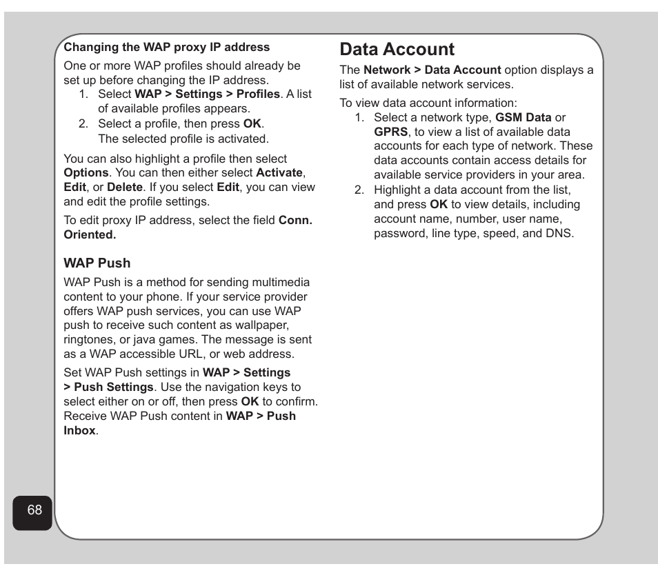 Data account | Asus Z801 User Manual | Page 72 / 84