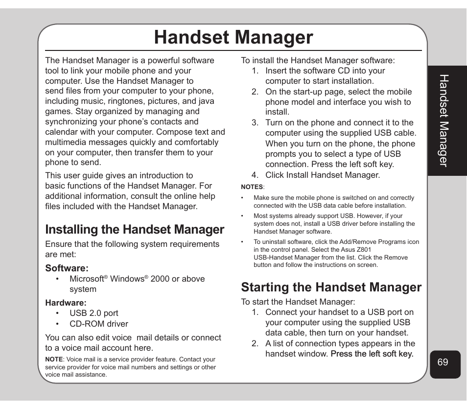 Handset manager, Installing the handset manager, Starting the handset manager | Asus Z801 User Manual | Page 73 / 84