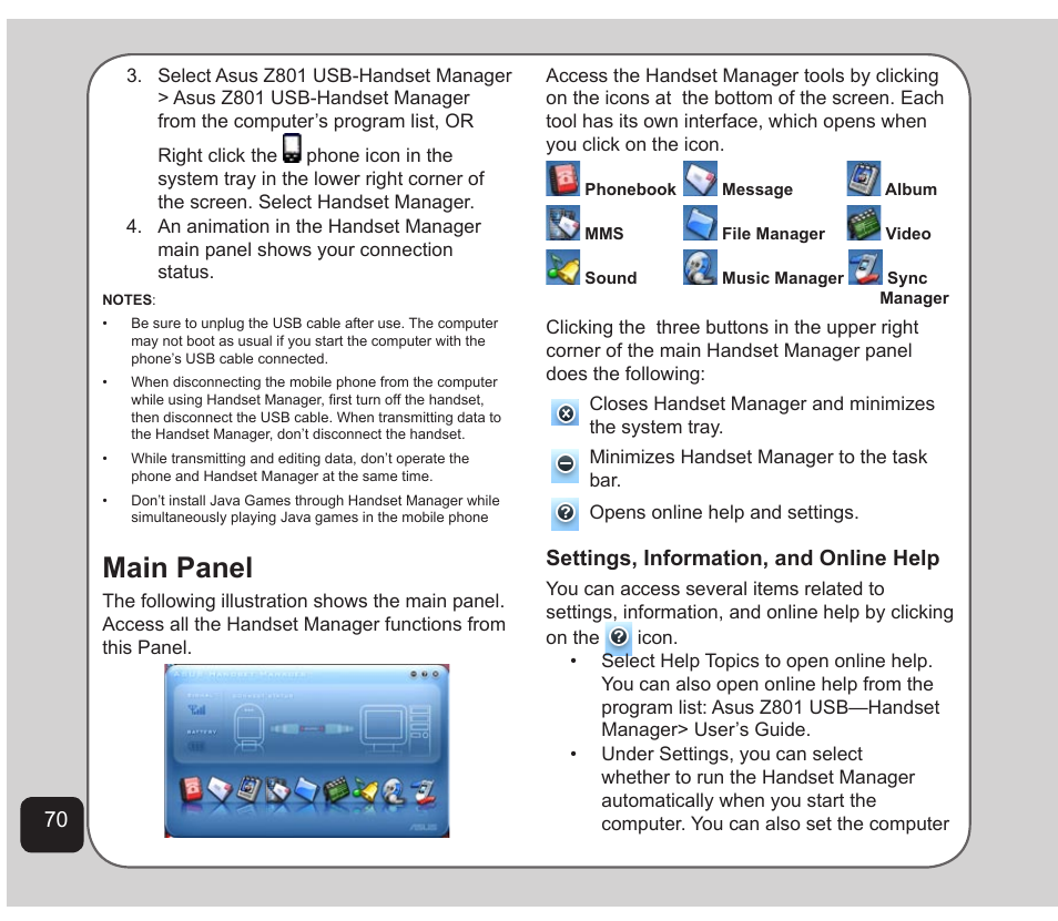 Main panel, Settings, information, and online help | Asus Z801 User Manual | Page 74 / 84