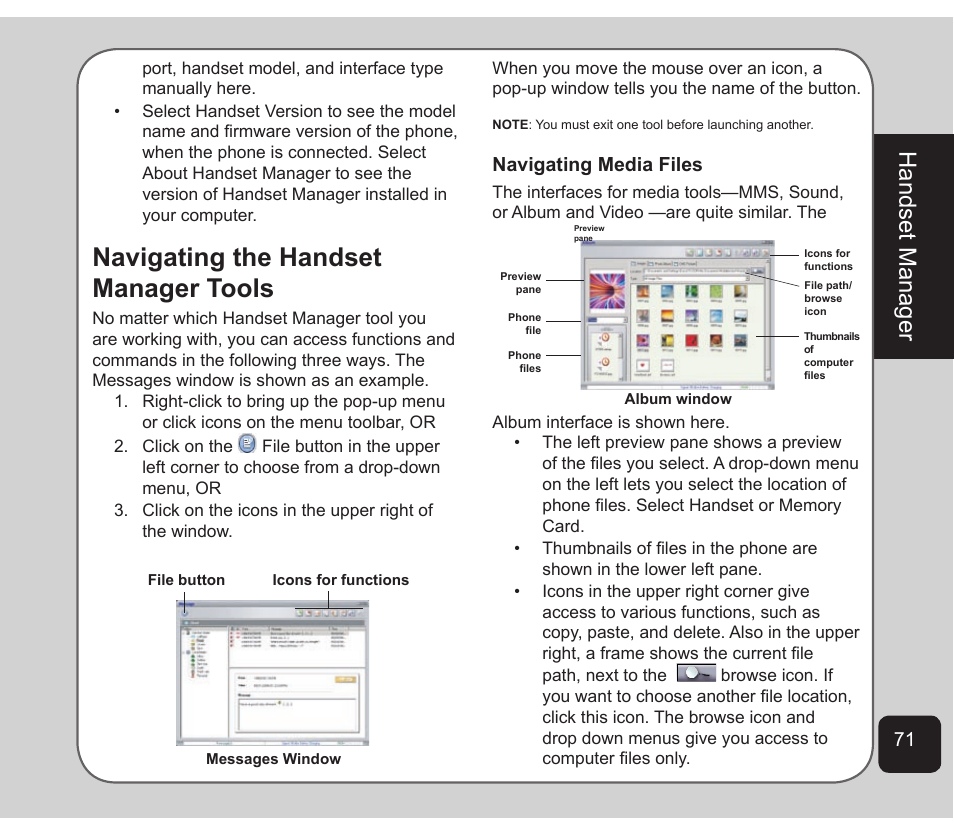 Navigating the handset manager tools, Handset manager, Navigating media files | Asus Z801 User Manual | Page 75 / 84