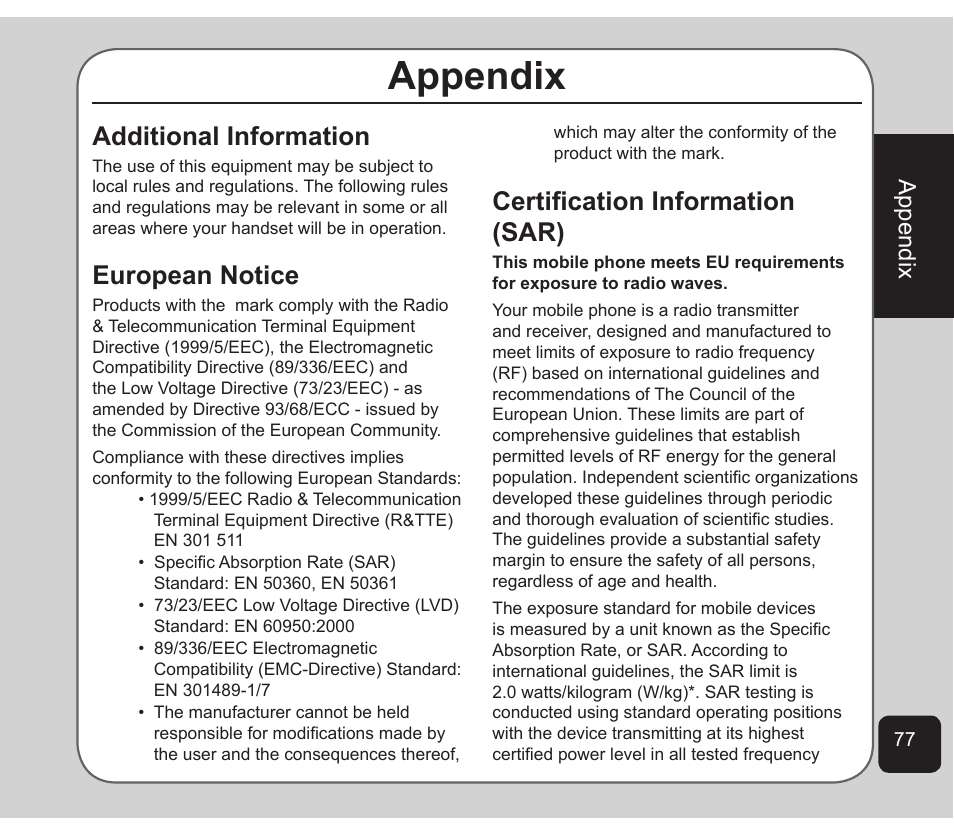 Appendix, Additional information, European notice | Certification information (sar) | Asus Z801 User Manual | Page 81 / 84