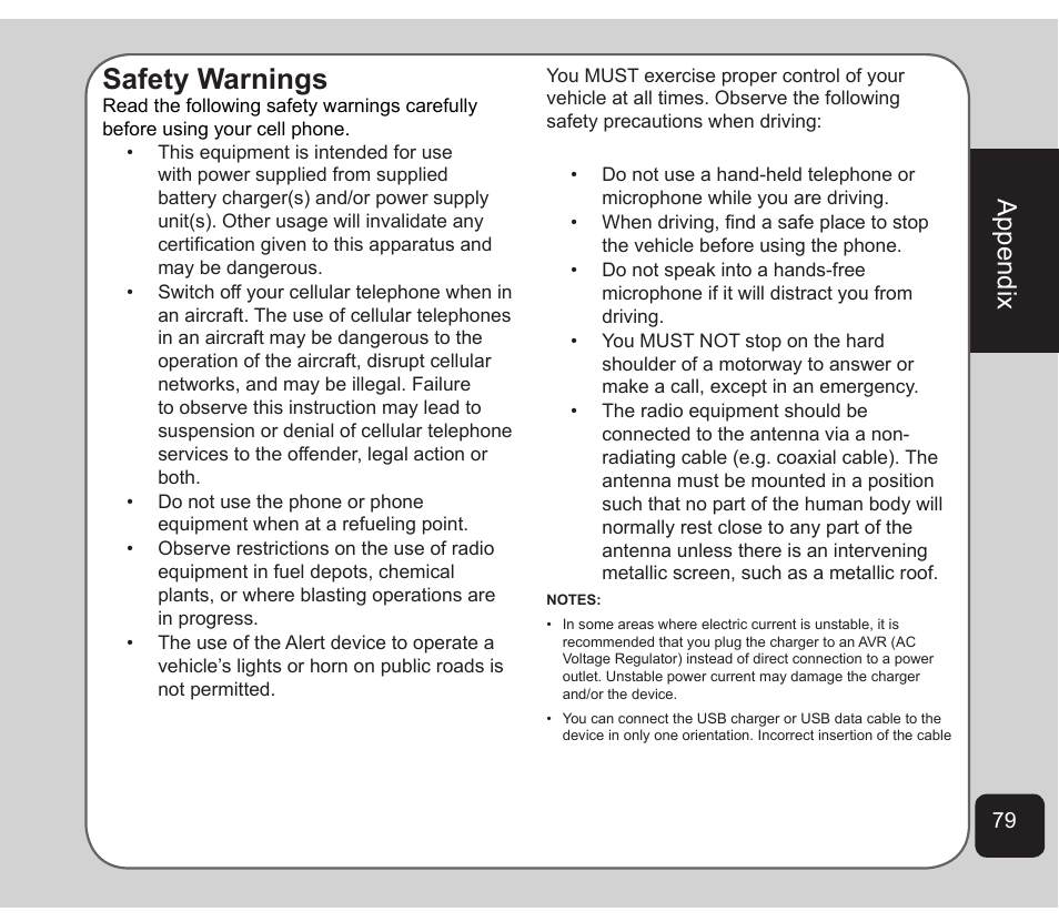 Safety warnings, Appendix | Asus Z801 User Manual | Page 83 / 84