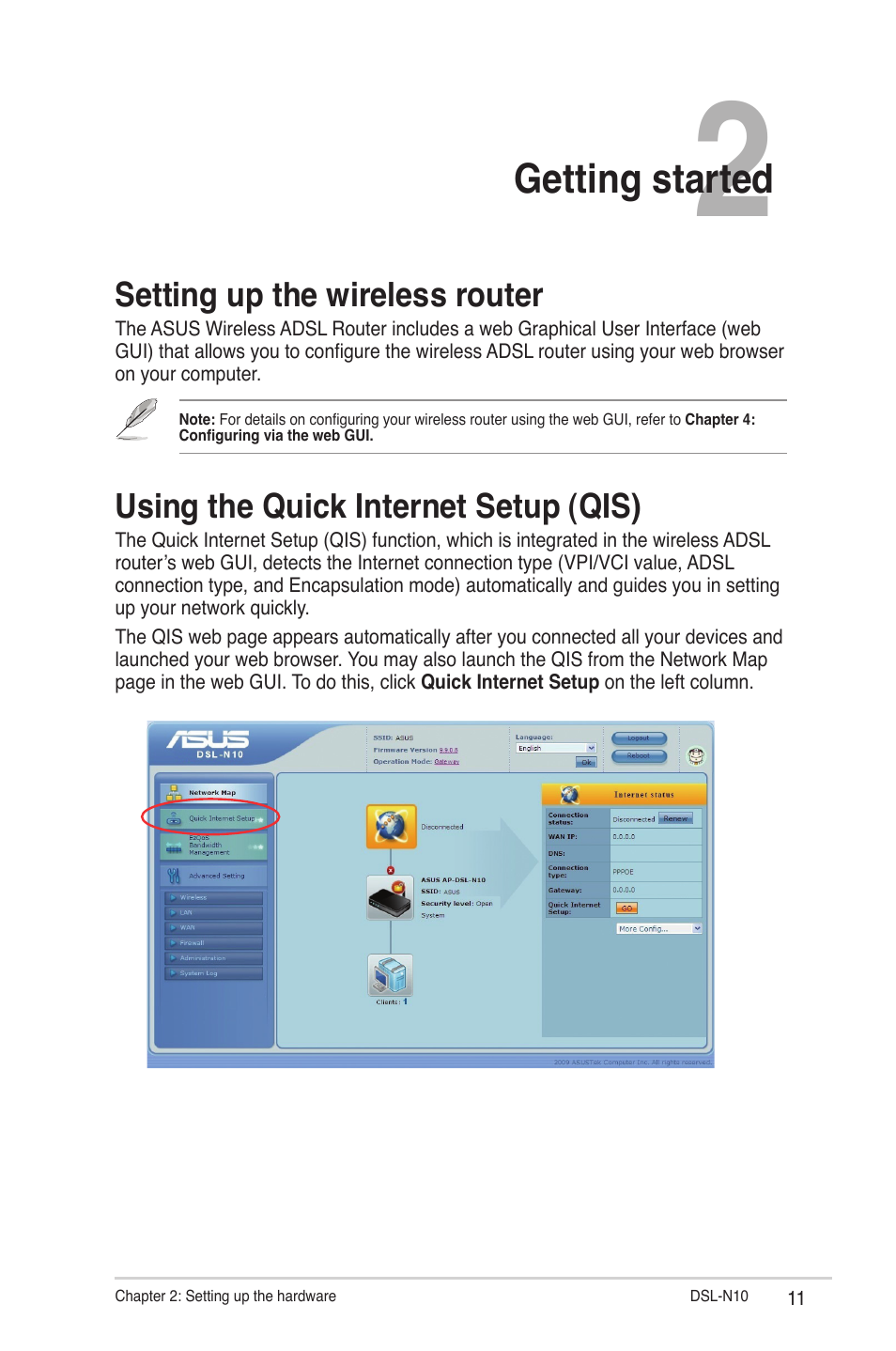 Getting started, Setting up the wireless router, Using the quick internet setup (qis) | Asus DSL-N10 (VER.B1) User Manual | Page 11 / 53