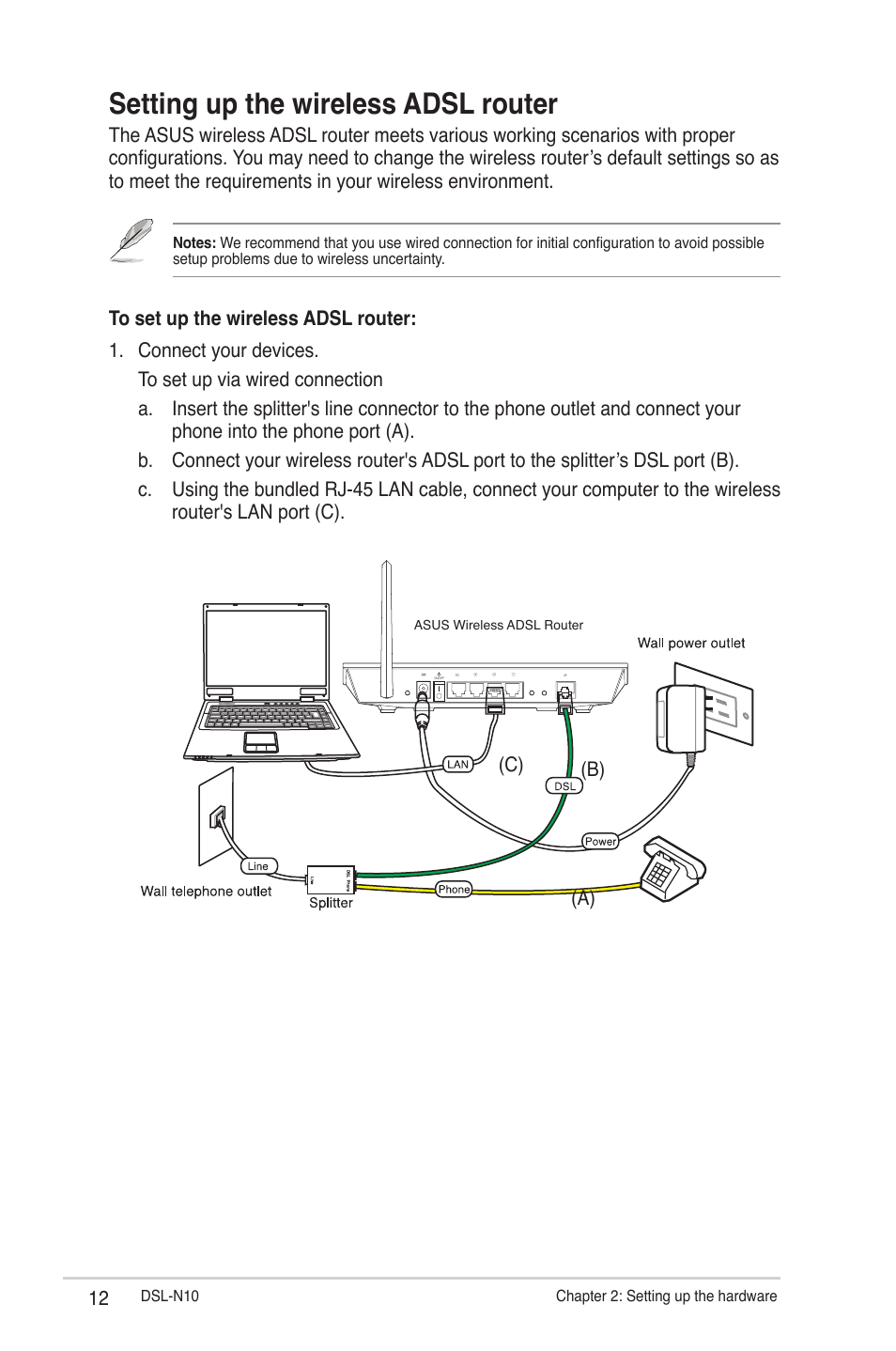 Setting up the wireless adsl router, A) (b) (c) | Asus DSL-N10 (VER.B1) User Manual | Page 12 / 53