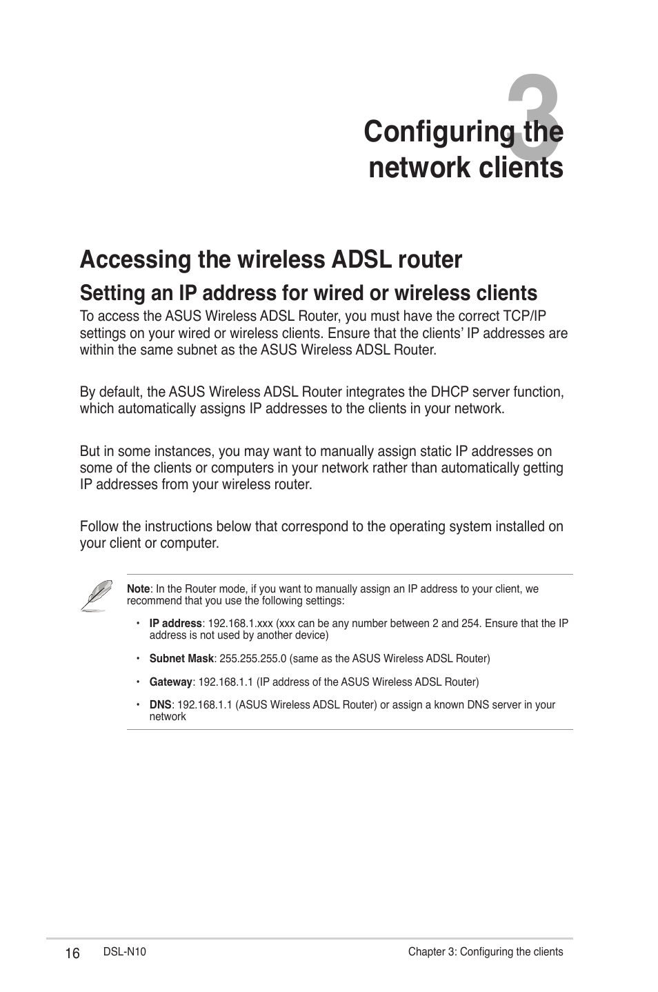 Configuring the network clients, Accessing the wireless adsl router | Asus DSL-N10 (VER.B1) User Manual | Page 16 / 53