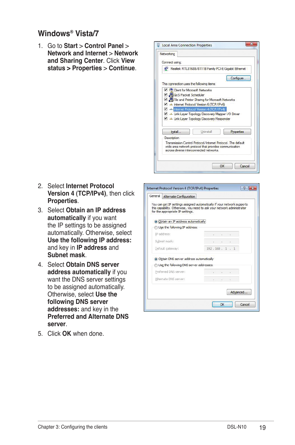 Windows, Vista/7 | Asus DSL-N10 (VER.B1) User Manual | Page 19 / 53