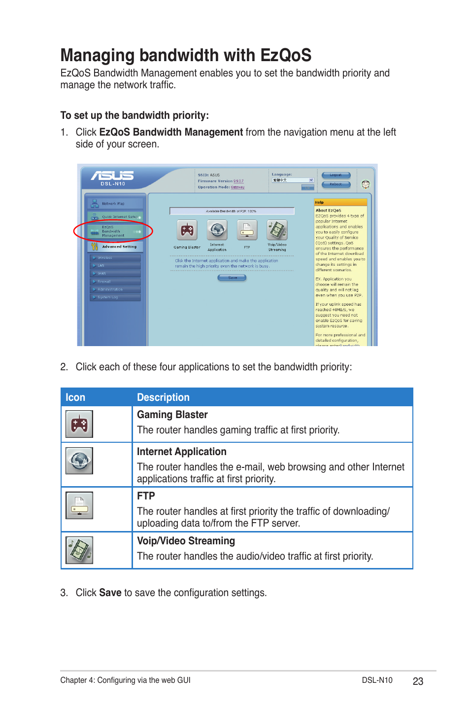 Managing bandwidth with ezqos | Asus DSL-N10 (VER.B1) User Manual | Page 23 / 53