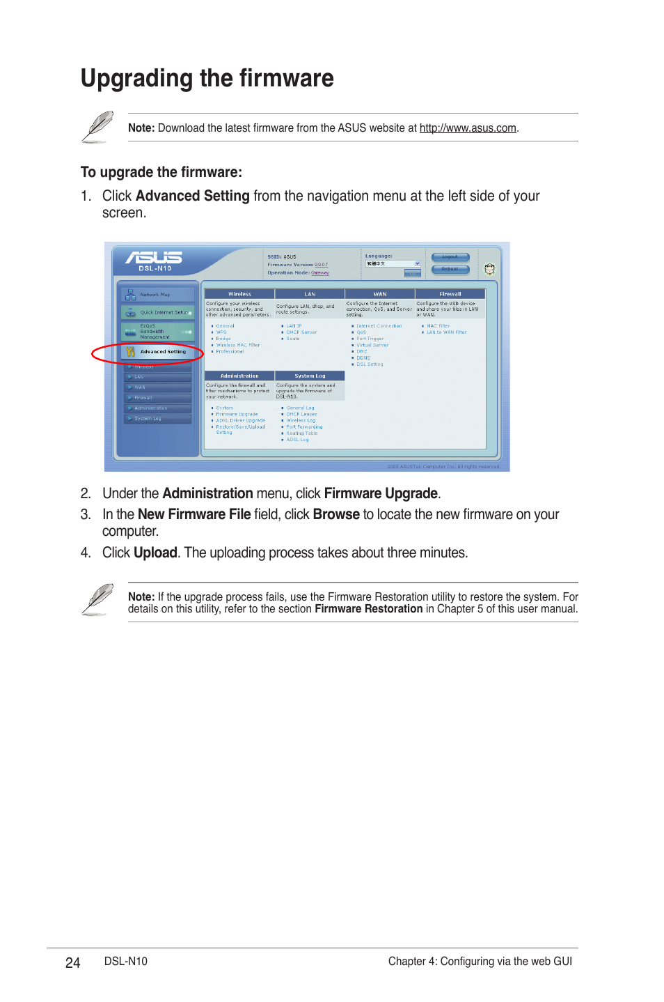 Upgrading the firmware | Asus DSL-N10 (VER.B1) User Manual | Page 24 / 53