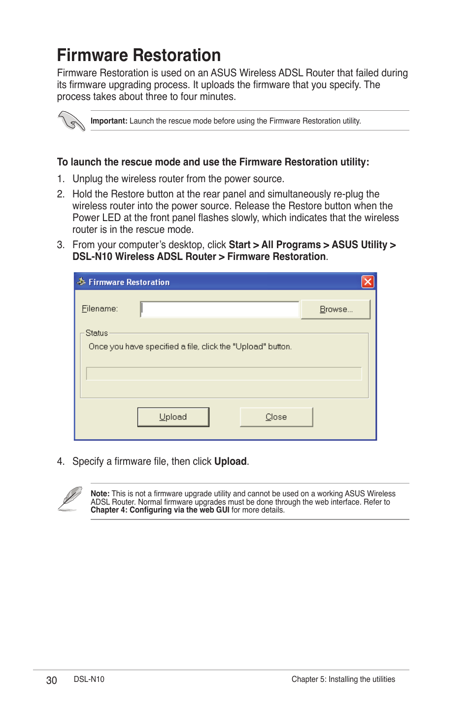 Firmware restoration | Asus DSL-N10 (VER.B1) User Manual | Page 30 / 53