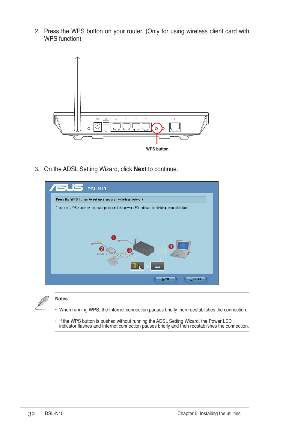 On the adsl setting wizard, click next to continue | Asus DSL-N10 (VER.B1) User Manual | Page 32 / 53