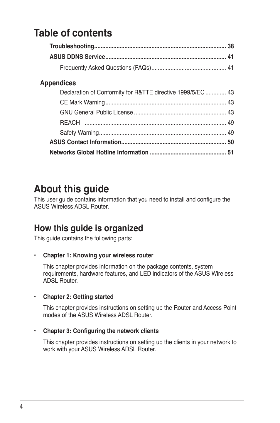 About this guide, Table of contents about this guide, How this guide is organized | Asus DSL-N10 (VER.B1) User Manual | Page 4 / 53