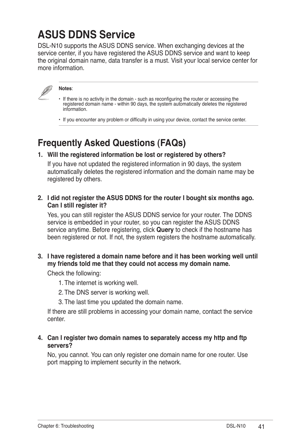 Asus ddns service, Frequently asked questions (faqs) | Asus DSL-N10 (VER.B1) User Manual | Page 41 / 53