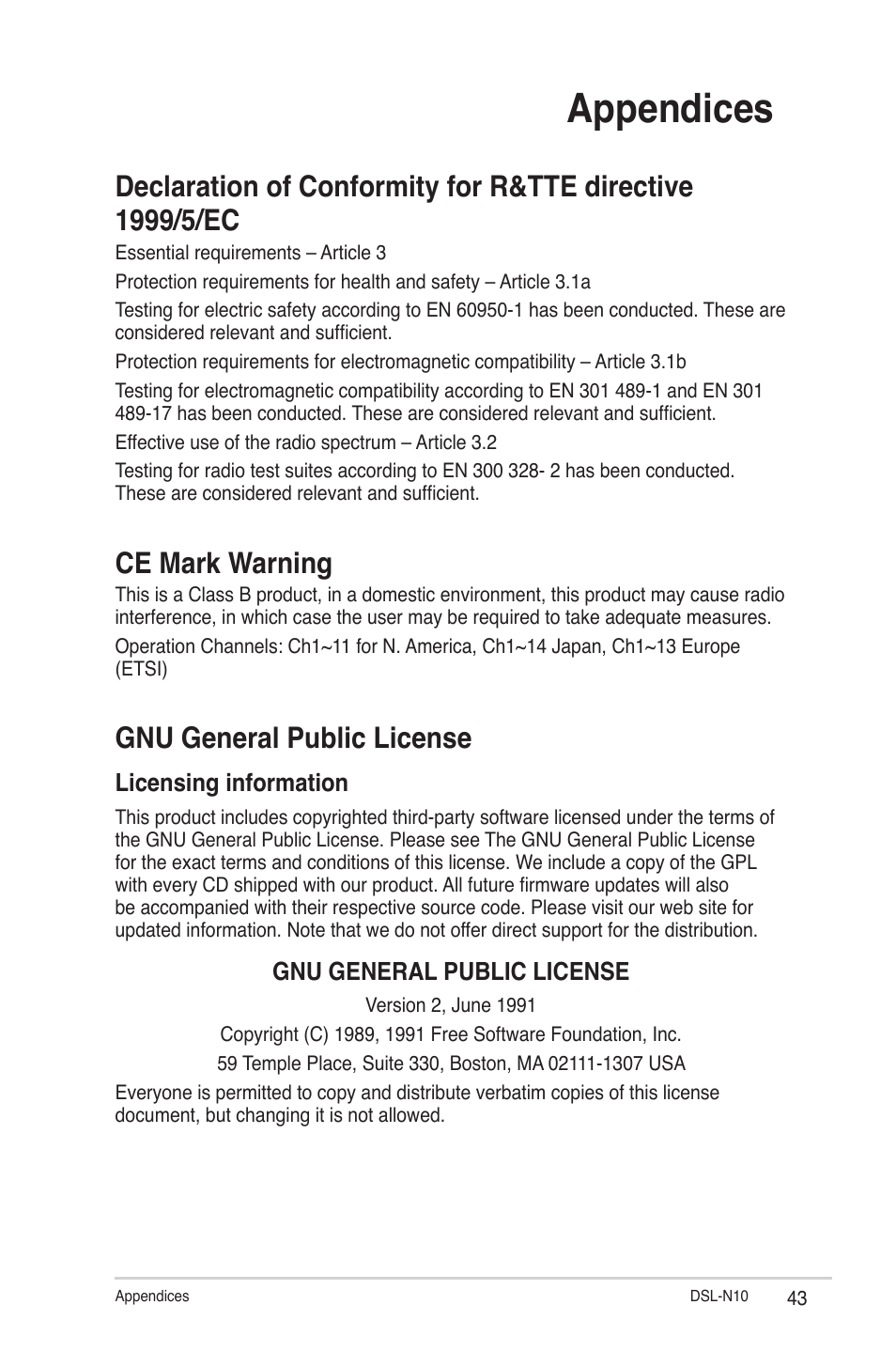 Appendices, Ce mark warning, Gnu general public license | Licensing information | Asus DSL-N10 (VER.B1) User Manual | Page 43 / 53