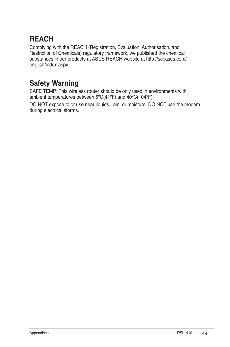 Reach, Safety warning | Asus DSL-N10 (VER.B1) User Manual | Page 49 / 53
