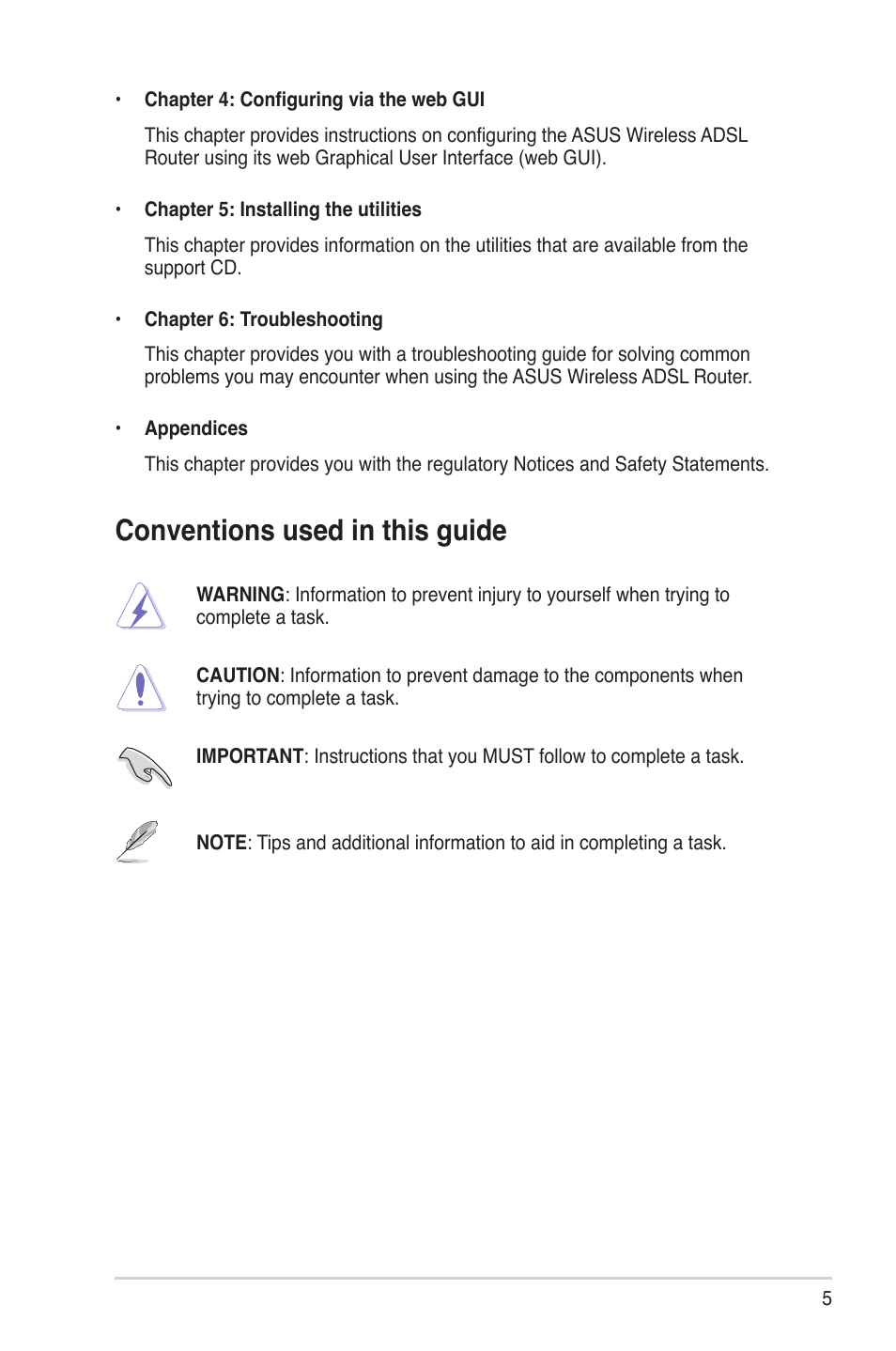 Conventions used in this guide | Asus DSL-N10 (VER.B1) User Manual | Page 5 / 53