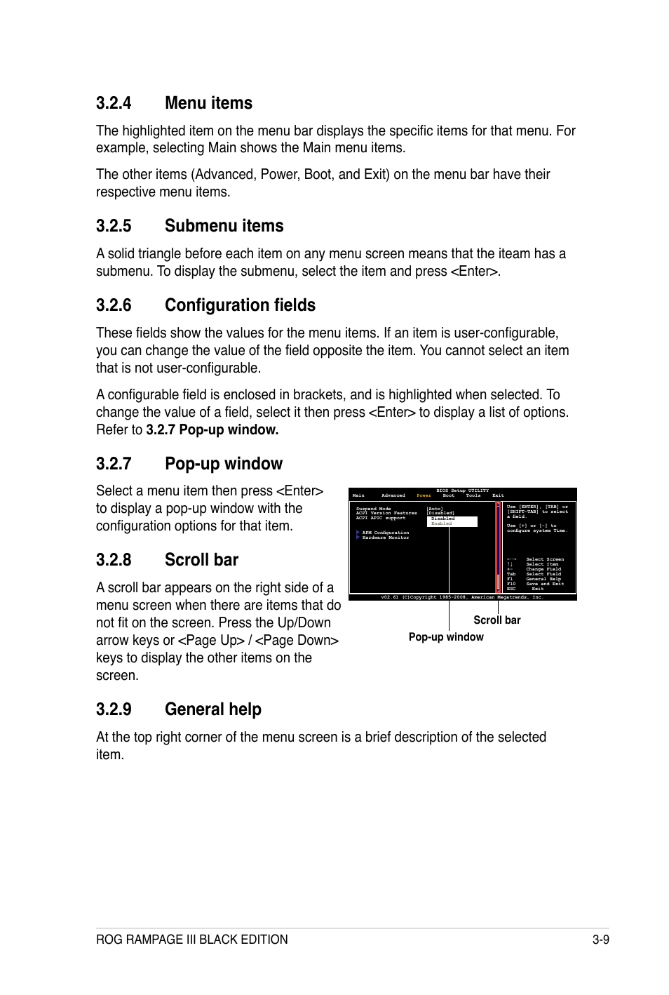 4 menu items, 5 submenu items, � configuration fields | 7 pop-up window, 8 scroll bar, 9 general help, Rog rampage iii black edition 3-9 | Asus Rampage III Black Edition User Manual | Page 105 / 198