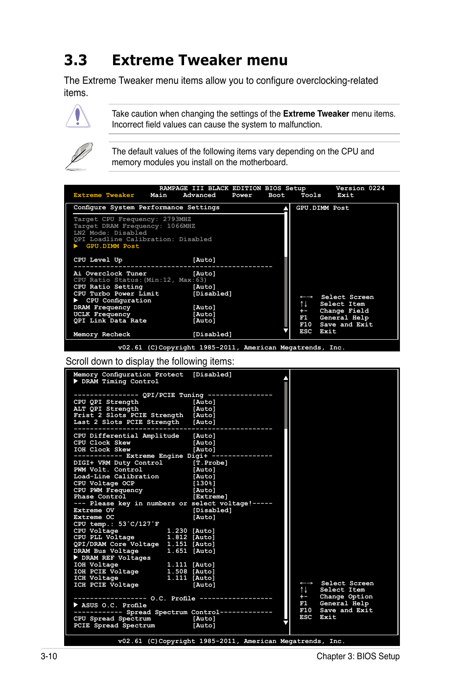 3 extreme tweaker menu, Scroll down to display the following items, 10 chapter 3: bios setup | Asus Rampage III Black Edition User Manual | Page 106 / 198