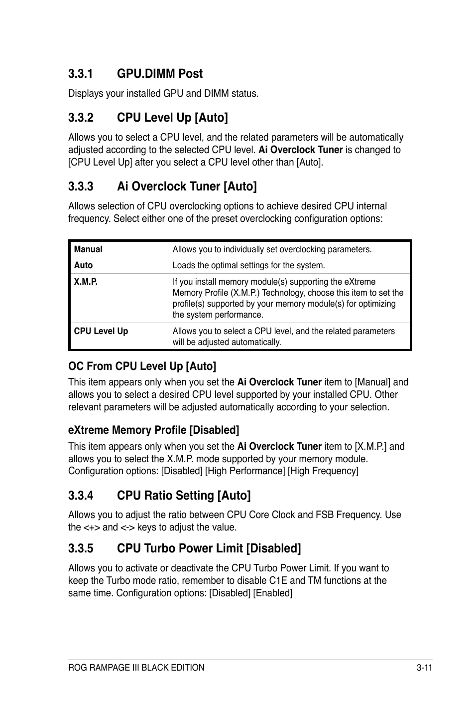 1 gpu.dimm post, 2 cpu level up [auto, 3 ai overclock tuner [auto | 4 cpu ratio setting [auto, 5 cpu turbo power limit [disabled | Asus Rampage III Black Edition User Manual | Page 107 / 198