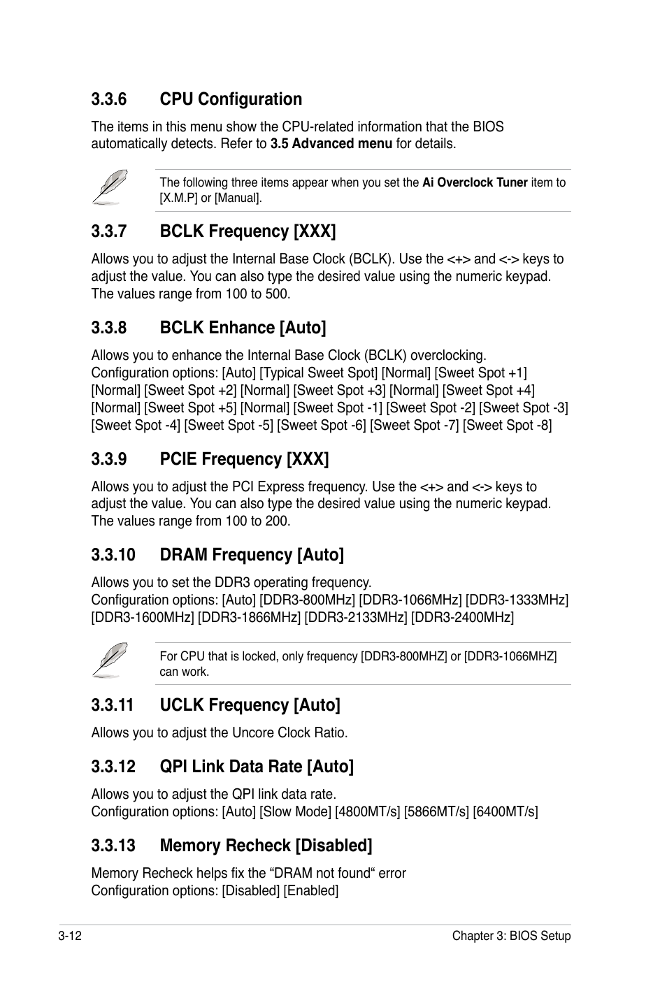 Cpu configuration, 7 bclk frequency [xxx, 8 bclk enhance [auto | 9 pcie frequency [xxx, 10 dram frequency [auto, 11 uclk frequency [auto, 12 qpi link data rate [auto | Asus Rampage III Black Edition User Manual | Page 108 / 198