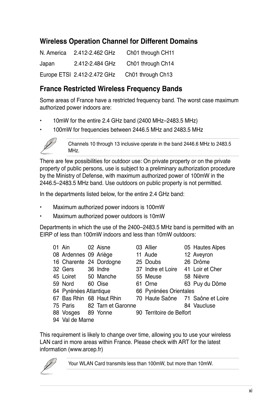 Wireless operation channel for different domains, France restricted wireless frequency bands | Asus Rampage III Black Edition User Manual | Page 11 / 198