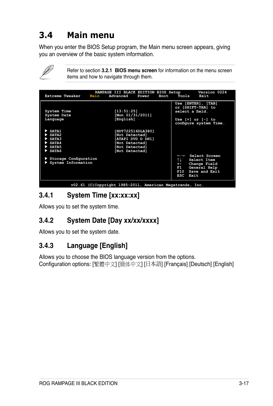 4 main menu, 1 system time [xx:xx:xx, 3 language [english | Allows you to set the system time, Allows you to set the system date | Asus Rampage III Black Edition User Manual | Page 113 / 198