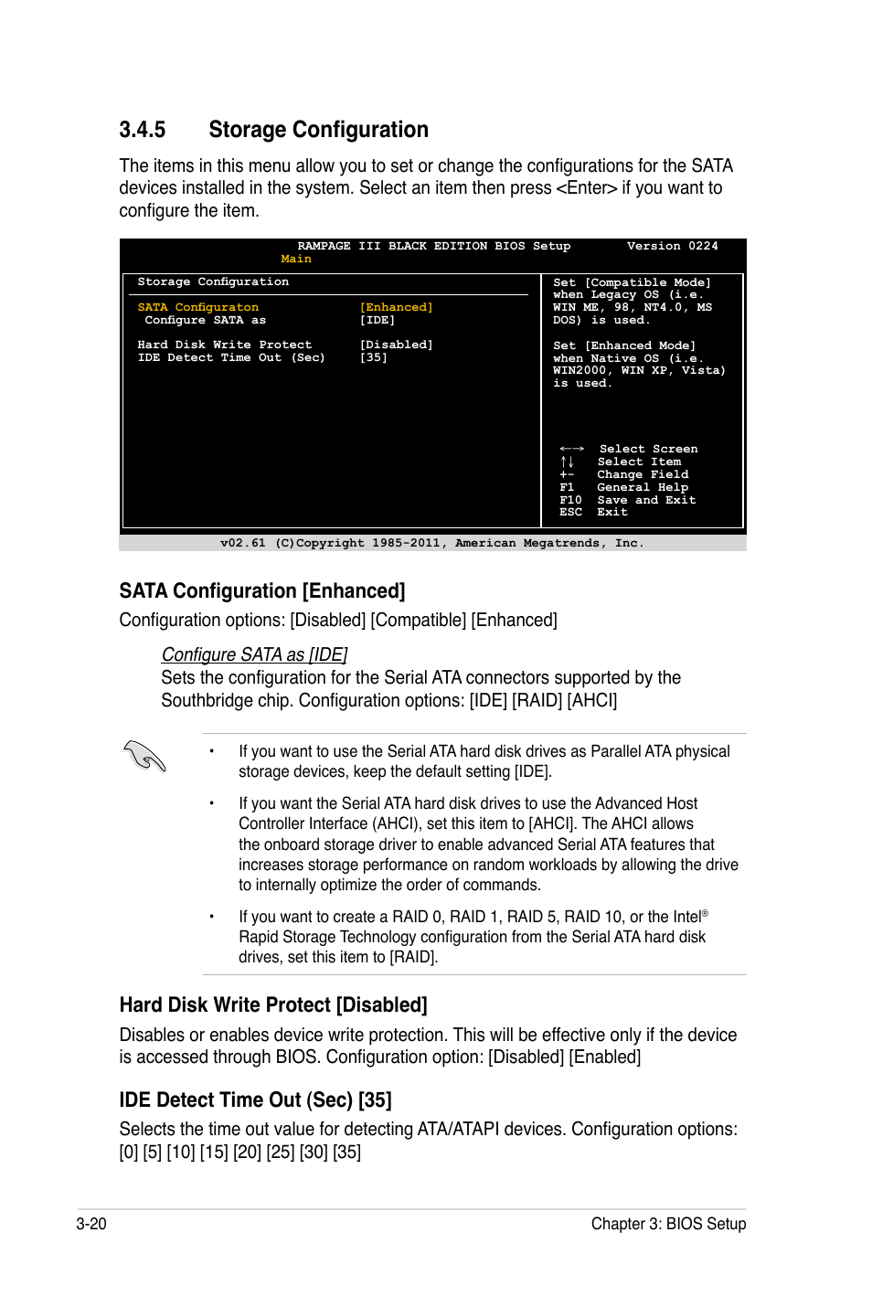 � storage configuration, Sata configuration [enhanced, Hard disk write protect [disabled | Ide detect time out (sec) [35, Configure sata as [ide | Asus Rampage III Black Edition User Manual | Page 116 / 198