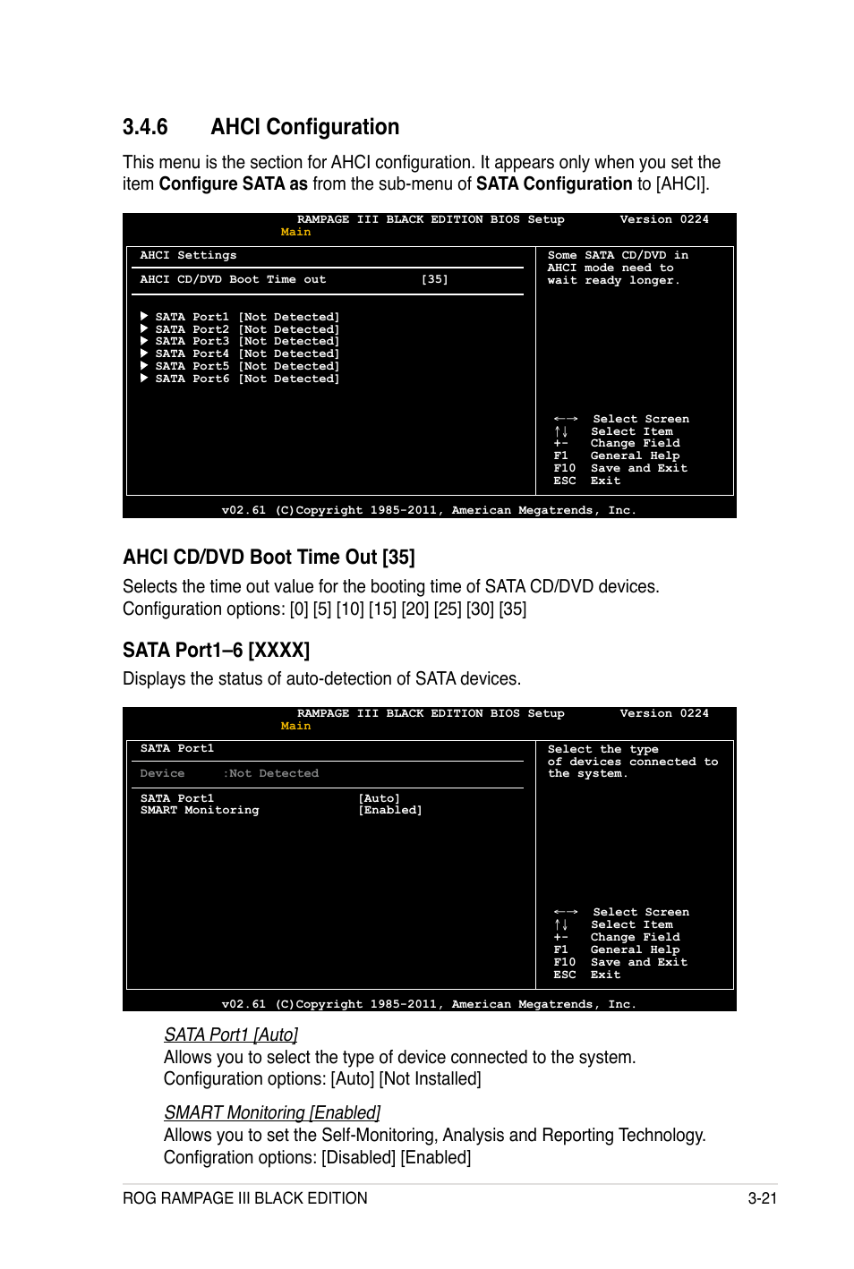 � ahci configuration, Ahci cd/dvd boot time out [35, Sata port1 [auto | Smart monitoring [enabled | Asus Rampage III Black Edition User Manual | Page 117 / 198