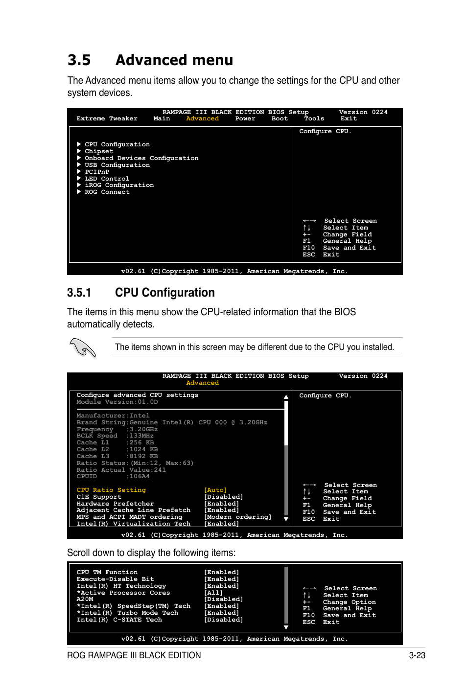 5 advanced menu, Cpu configuration, Scroll down to display the following items | Rog rampage iii black edition 3-23 | Asus Rampage III Black Edition User Manual | Page 119 / 198