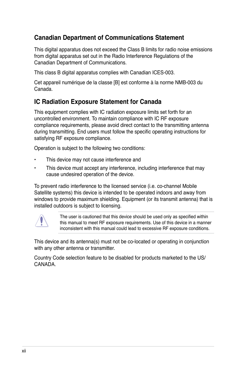 Canadian department of communications statement, Ic radiation exposure statement for canada | Asus Rampage III Black Edition User Manual | Page 12 / 198