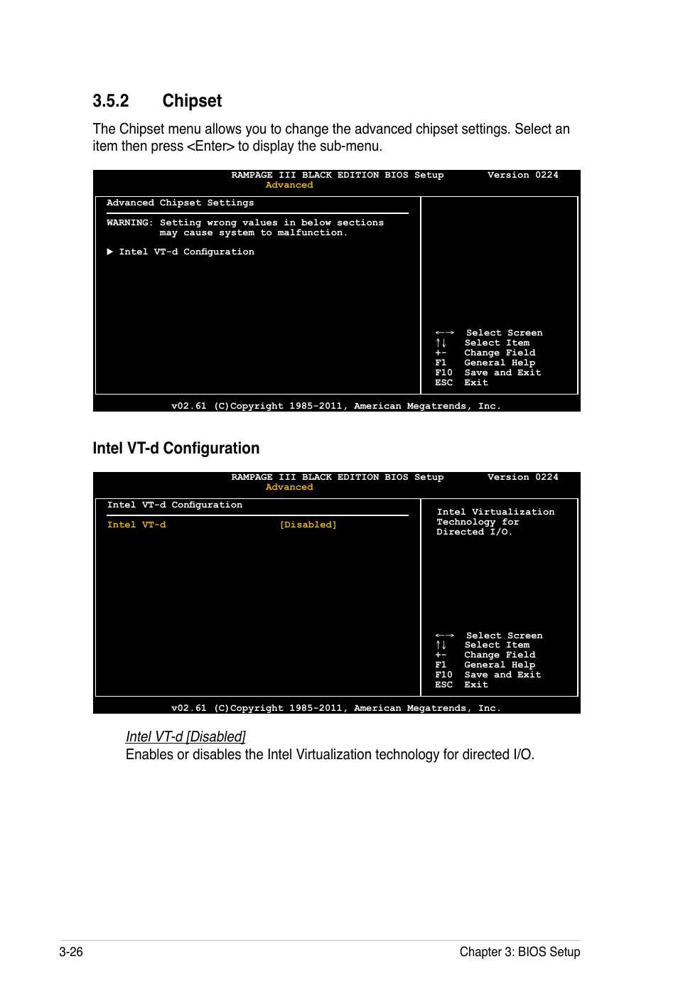 2 chipset, Intel vt-d configuration, Intel vt-d [disabled | 26 chapter 3: bios setup | Asus Rampage III Black Edition User Manual | Page 122 / 198