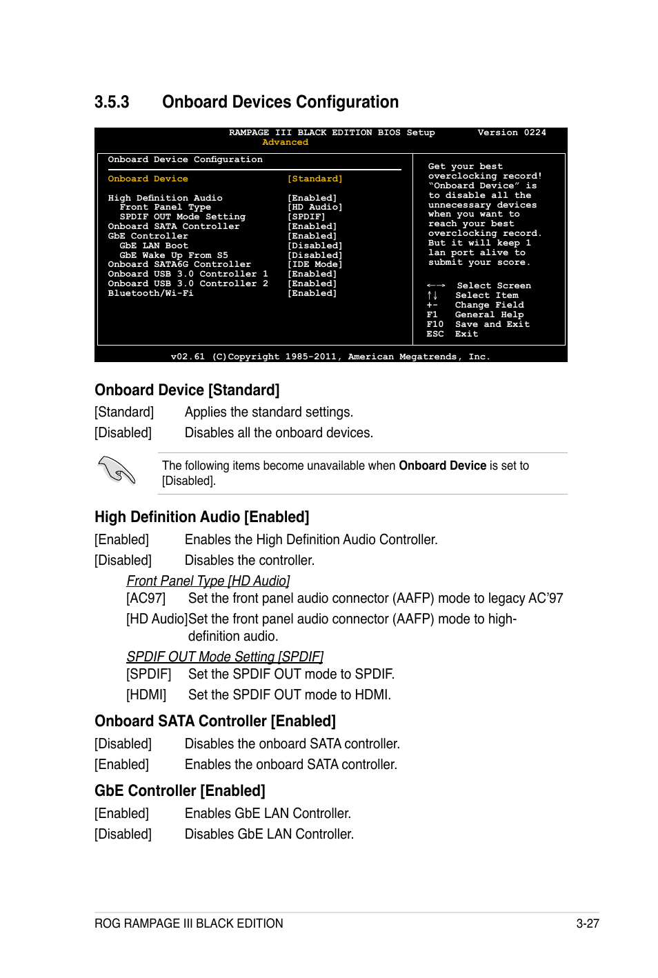 Onboard devices configuration, Onboard device [standard, High definition audio [enabled | Onboard sata controller [enabled, Gbe controller [enabled, Front panel type [hd audio, Spdif out mode setting [spdif | Asus Rampage III Black Edition User Manual | Page 123 / 198