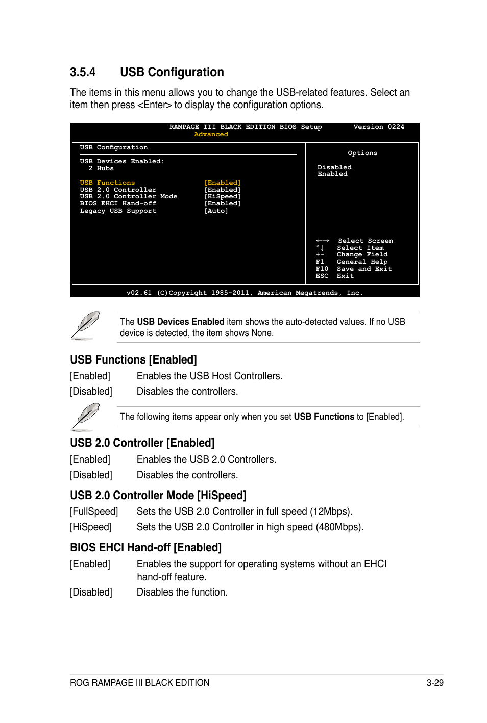 4 usb configuration, Usb functions [enabled, Usb 2.0 controller [enabled | Usb 2.0 controller mode [hispeed, Bios ehci hand-off [enabled | Asus Rampage III Black Edition User Manual | Page 125 / 198